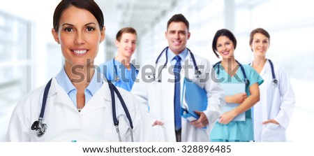 Group of hospital doctors. Health care banner background.