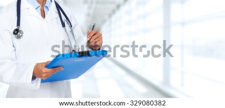 Hands of Doctor woman. Health care banner background.