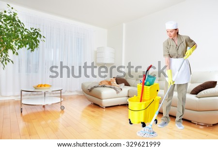 Maid woman with mop. House cleaning service concept.