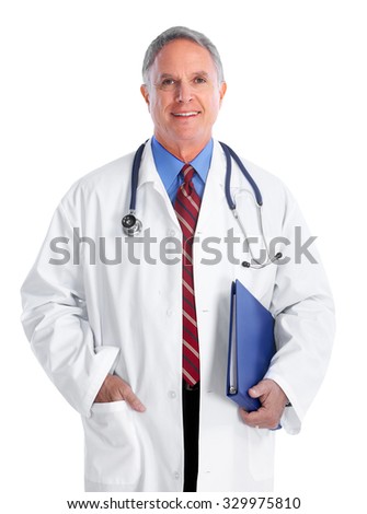 Elderly clinic doctor man over white background.