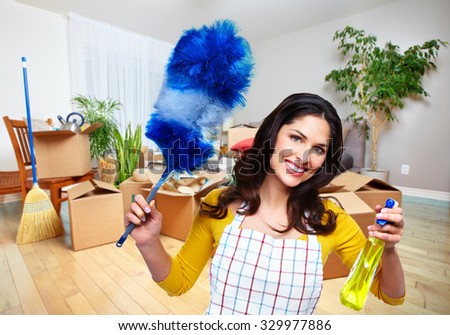 Maid woman with tools. House cleaning service concept.