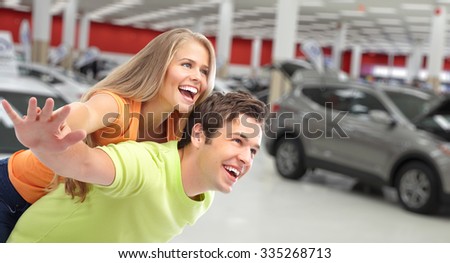Happy family near new car. Auto dealership and rental concept background.