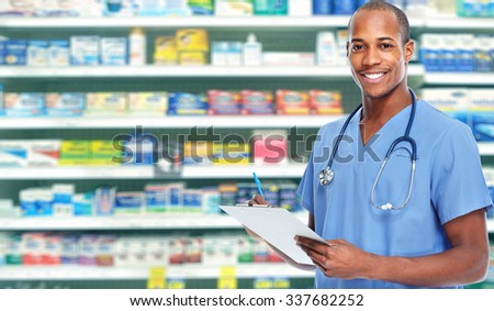 African-american doctor man. Health care medical background.