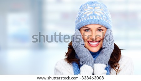 Beautiful christmas girl portrait over winter banner background.