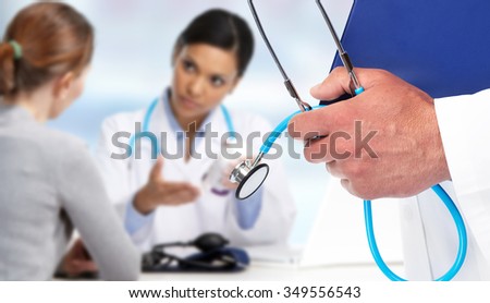Hands of medical doctor man. Health care background.
