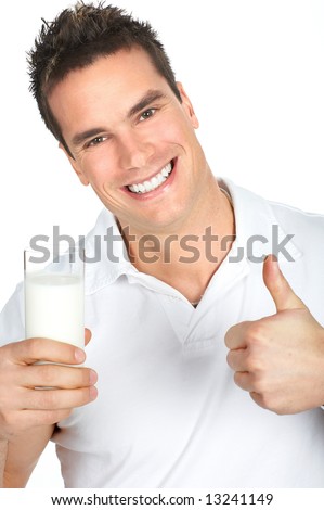 Young Happy Man Drinking Milk. Over White Background Stock Photo 