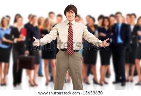 Businessman and a large group of young smiling business people. Over white background