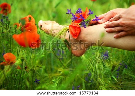 Woman foot among the  green plants and poppy