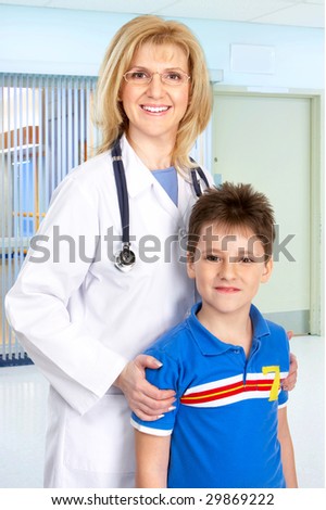 Smiling family medical doctor and a boy.