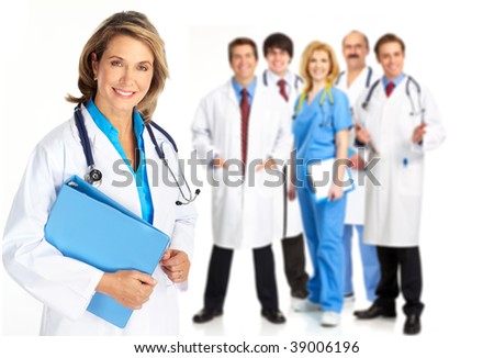 Smiling medical people with stethoscopes. Doctors and nurses over white background