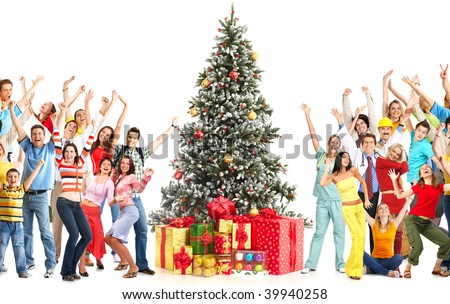 Dancing people  and Christmas Tree. Over white background