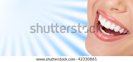 Beautiful young woman teeth. Over  blue and white background