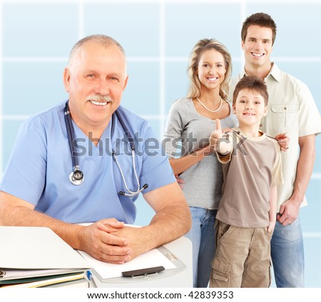 Smiling family medical doctor and young family. Over blue background