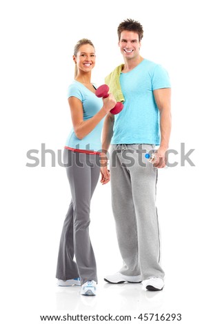 Fitness. Smiling young  strong man and woman. Isolated over white background