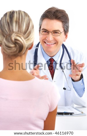 Medical doctor and young woman patient. Isolated over white background