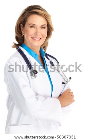 Smiling medical doctor woman with stethoscope. Isolated over white background