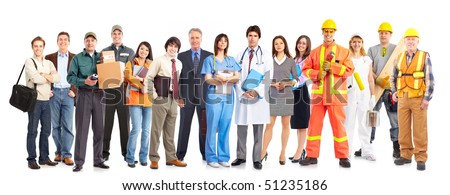 Large group of smiling workers people. Over white background