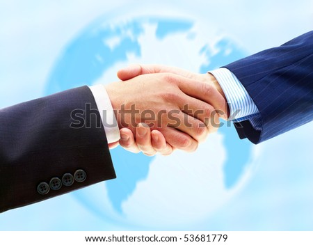 Business people. Handshake of businessman. Over blue background