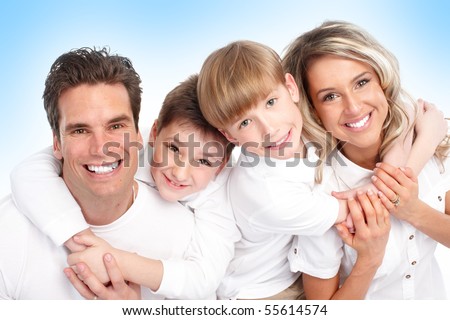 Happy family. Father, mother and children. Over blue background