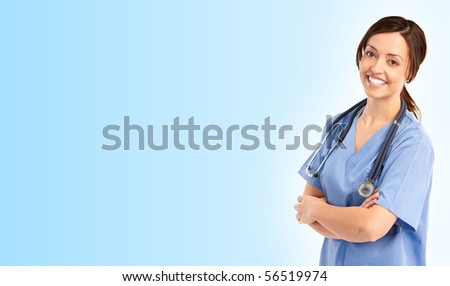 Smiling medical doctor with stethoscope. Over blue background