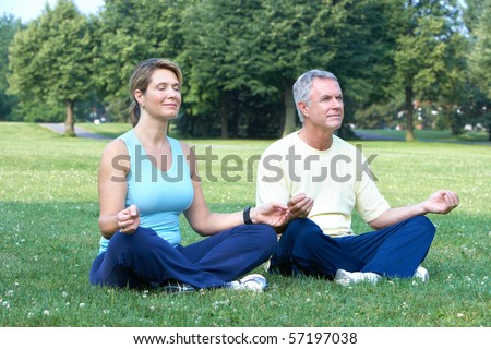 Happy elderly senior couple doing yoga in park