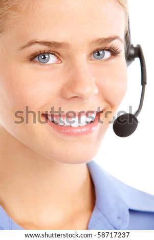 Beautiful  call center operator with headset. Isolated over white background