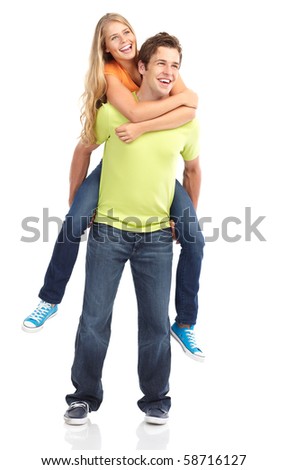 stock photo : Happy smiling couple in love. Over white background