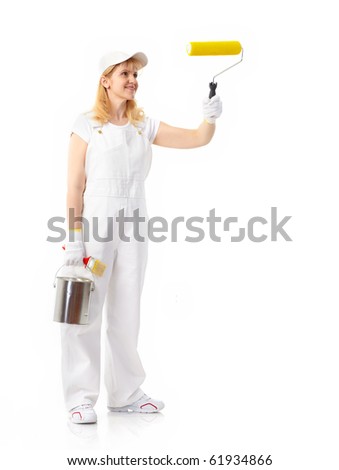 Smiling painter woman in white suit. Isolated over white background