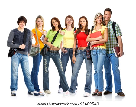 Large group of smiling  students. Isolated over white background