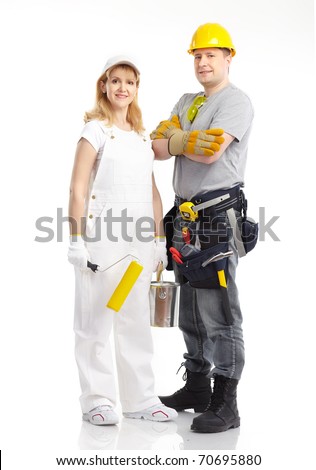 Smiling contractors people. Isolated over white background