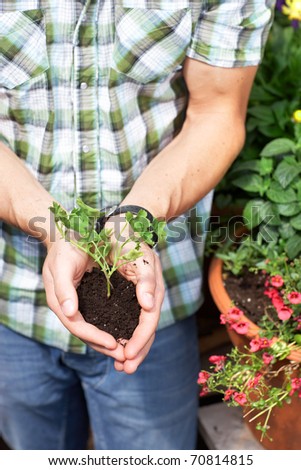 florist man holding soil in his hands