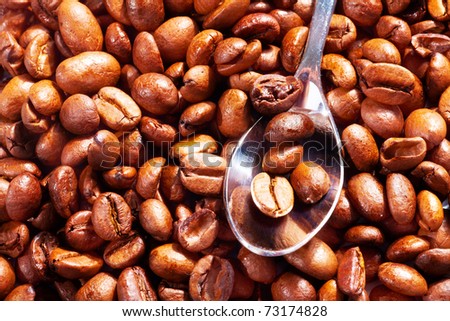 Coffee background. Roasted coffee seeds and spoon