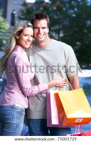 Shopping  young couple in love in town.