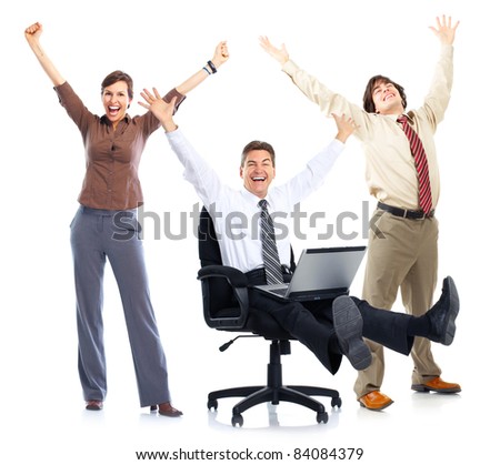 Happy business people with laptop. Isolated over white.