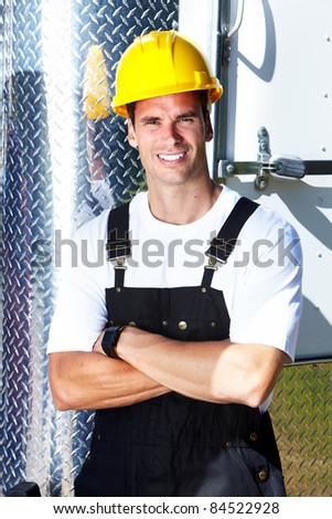 Handsome smiling worker people. Electrician. Builder.