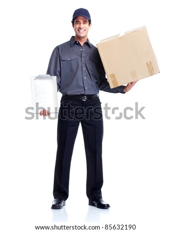Delivery worker. Handsome worker with a box. Isolated over white background
