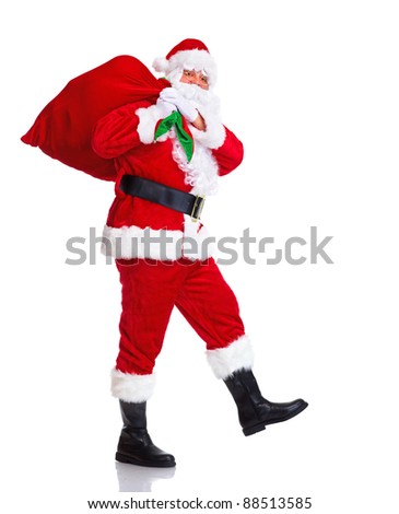 Happy traditional Santa Claus walking with bag. Christmas. Isolated on white background.