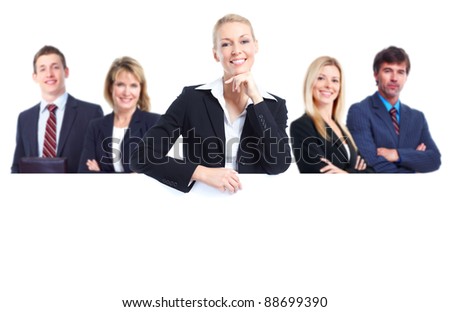 Group of professional business people with banner. Isolated over white background.