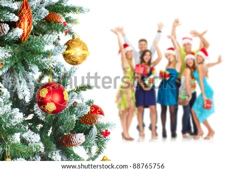 Happy dancing people near Christmas Tree. Isolated on white background.