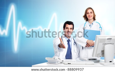 Group of medical doctors over blue background. Health care.