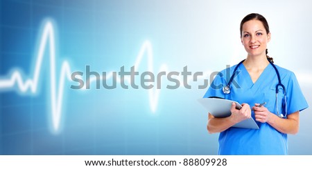 Medical doctor woman. Over blue background. Health care.