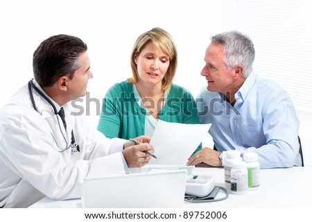 Medical doctor and elderly couple patient. Isolated on white background. Health care.