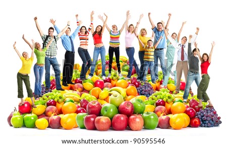 Group of happy people with fruits.  Isolated on white background.