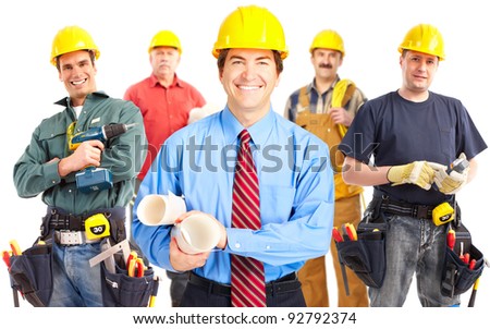 Group of industrial workers with yellow helmet isolated over white background Group of industrial workers with yellow helmet isolated over white background