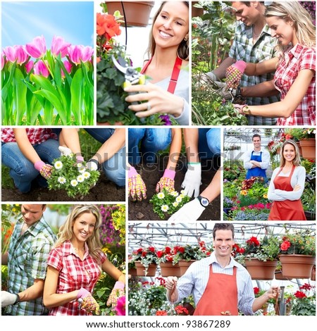 Gardening. People workers with flowers. Collage.