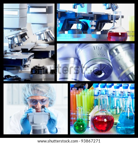 Scientific background collage. Medical research. Doctor with microscope.