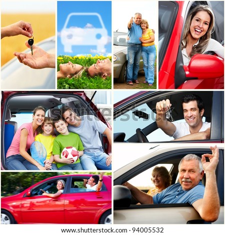 Smiling happy family and a family car. Collage.