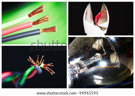Collage of electrical instruments tools. Electricity and lighting background.