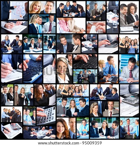 Business people team working in the office. Collage background.