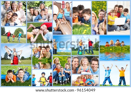 Happy family collage background. People outdoors.